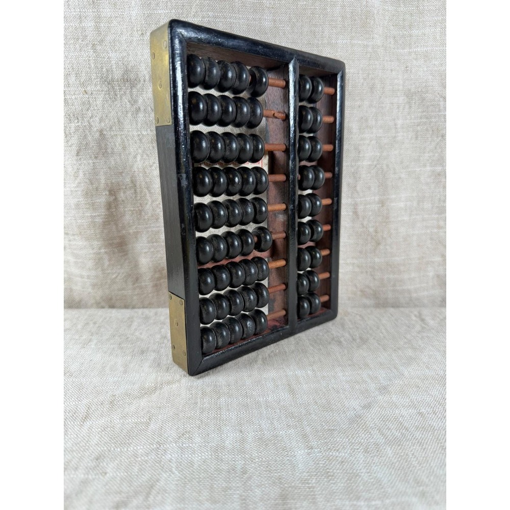 Vintage Chinese Wood Abacus, 9 Column Suanpan With Brass Corners